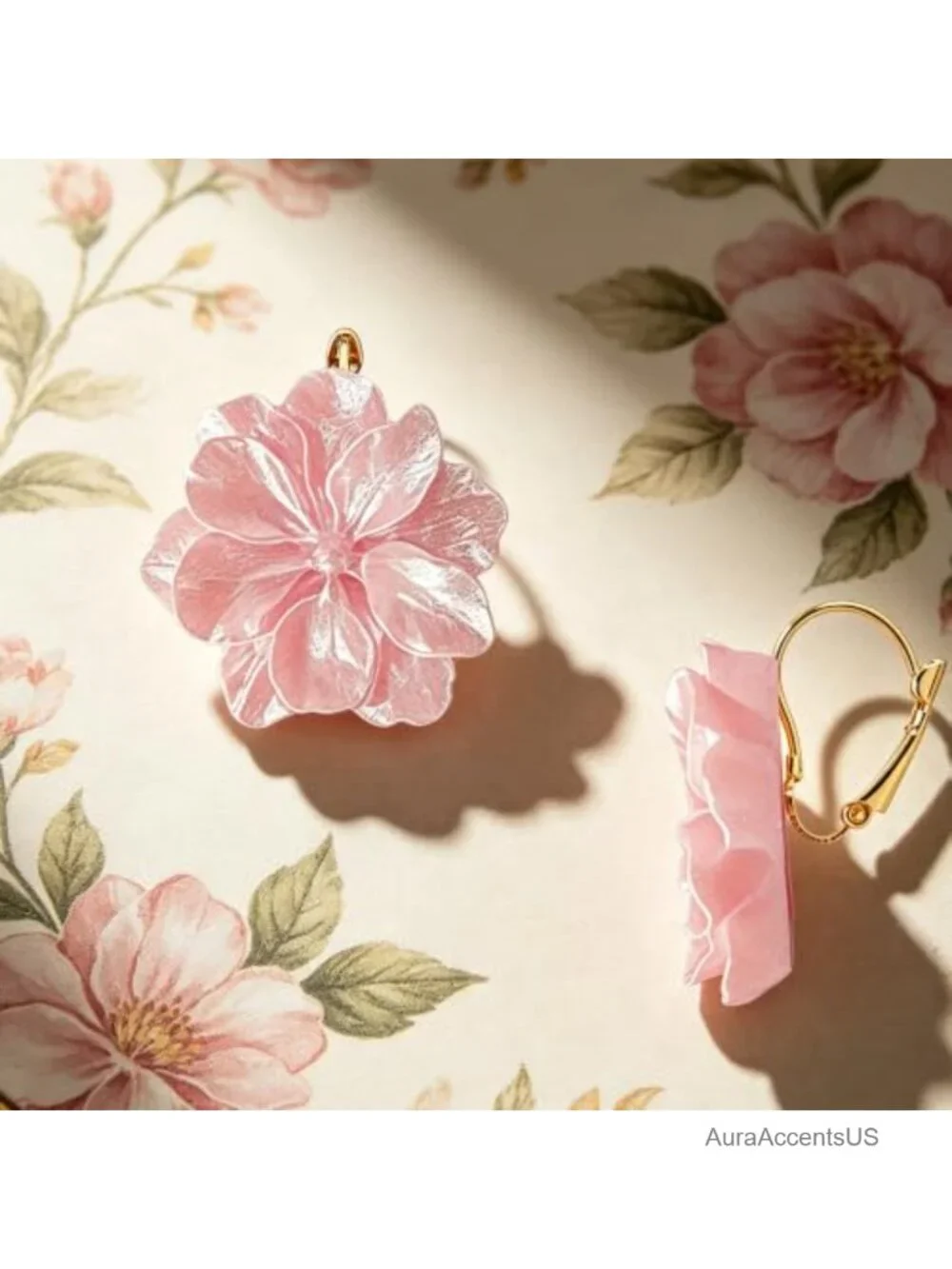 Handmade 3D Camellia Flower Leverback Earrings Gold Plated Resin Dangle